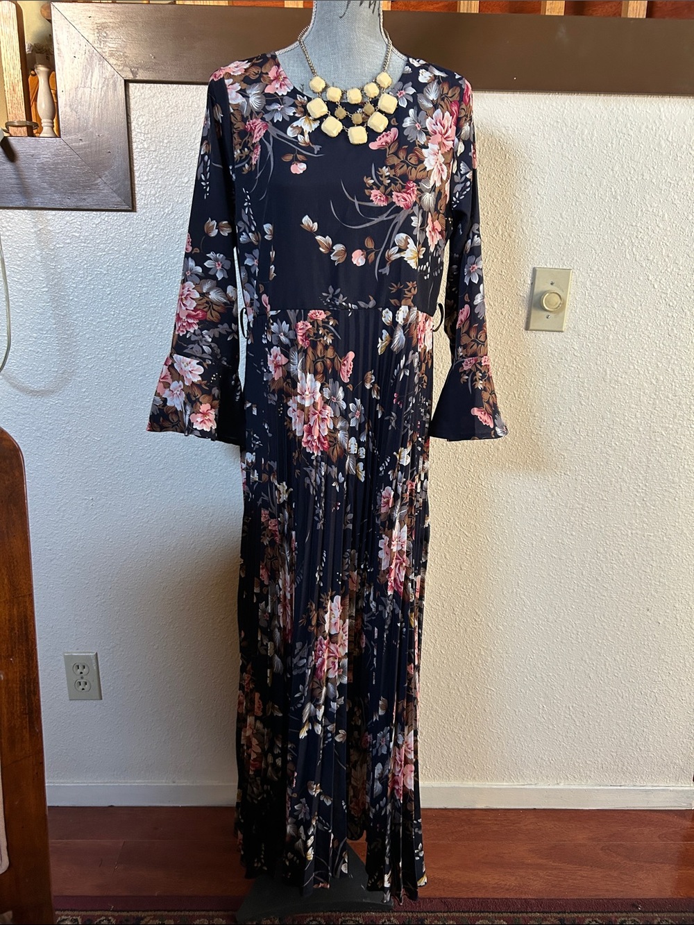 SHEIN Black Maxi Dress with Pink & Cream Floral Print